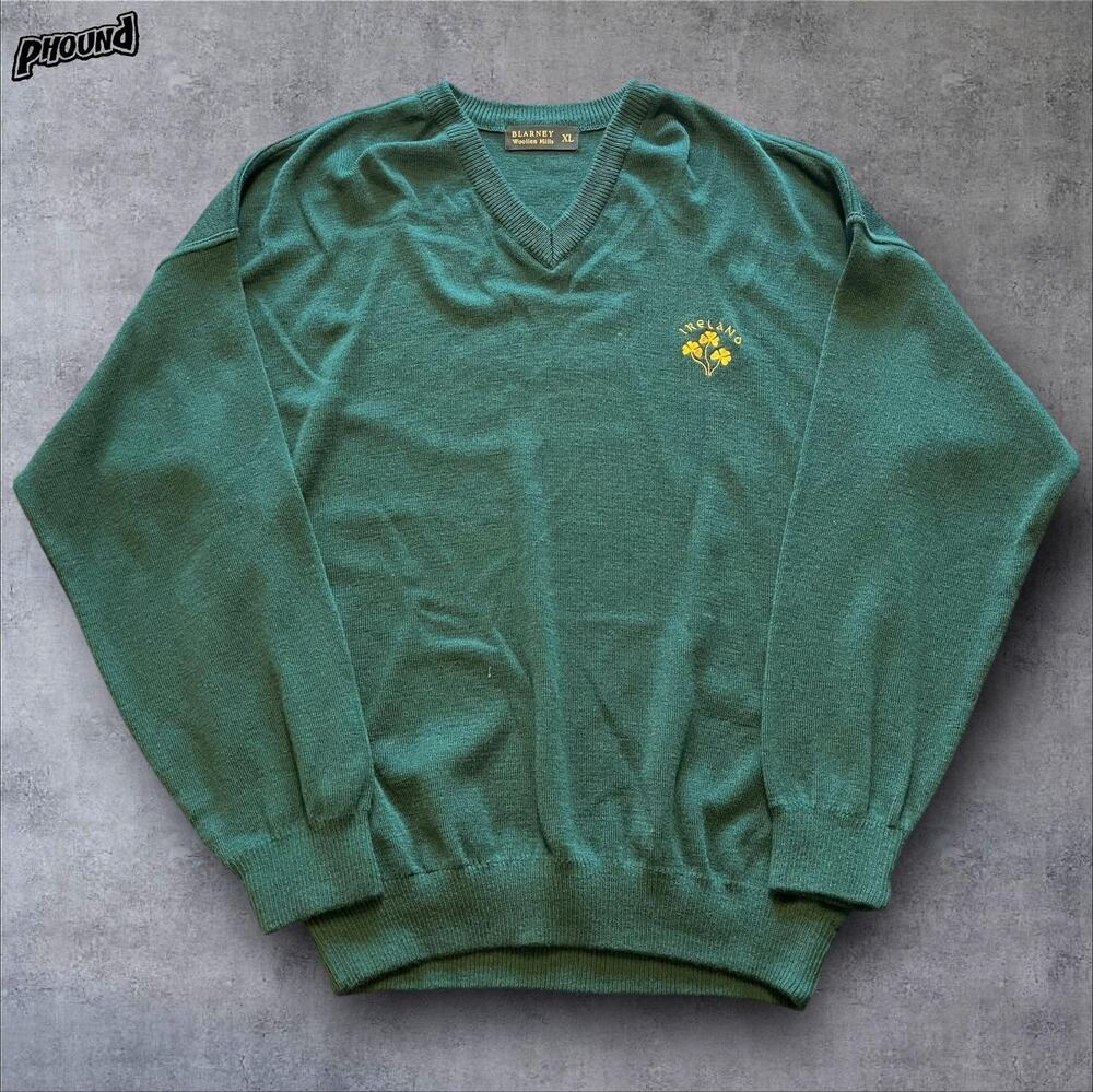 Blarney Woollen Mills Sweater Mens XL Green V Neck Ireland Shamrock Embroidered